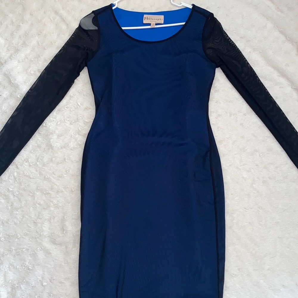 Philosophy Dresses | Blue Dress with Black Mesh Overlay